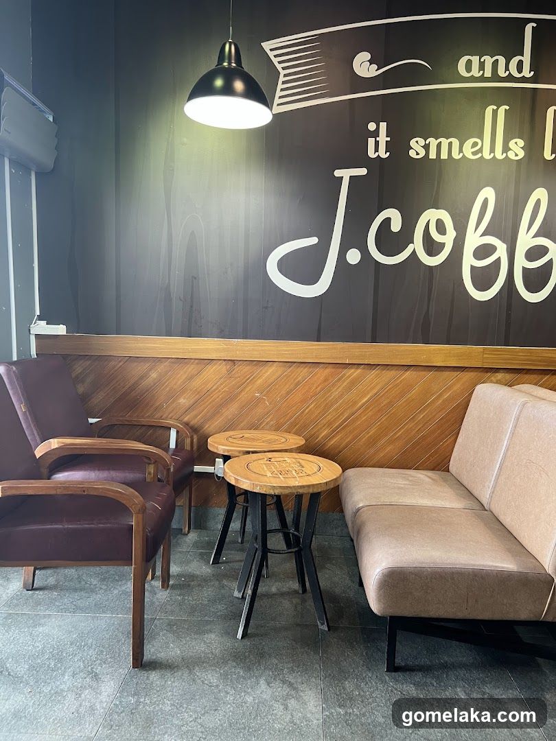 Coffee shop interior with seating and wall art