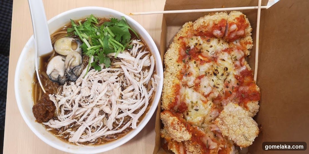 Oyster Noodles and Fried Chicken Pizza