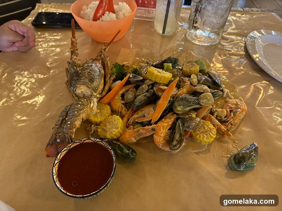 Seafood platter at dining table