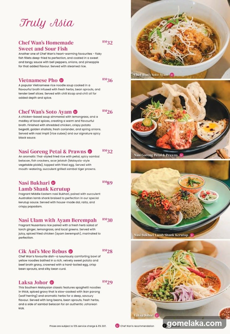 A menu featuring various Malaysian and Asian dishes with descriptions and prices.