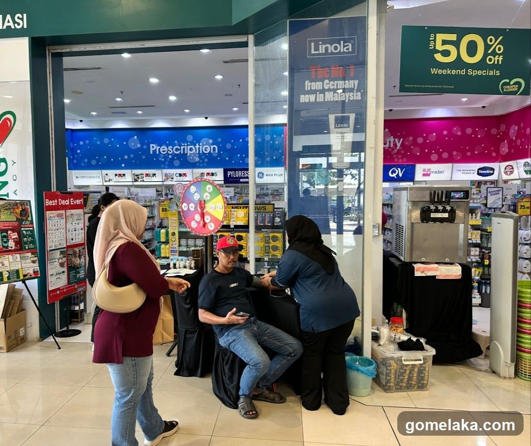 Storefront with customers and promotional signage