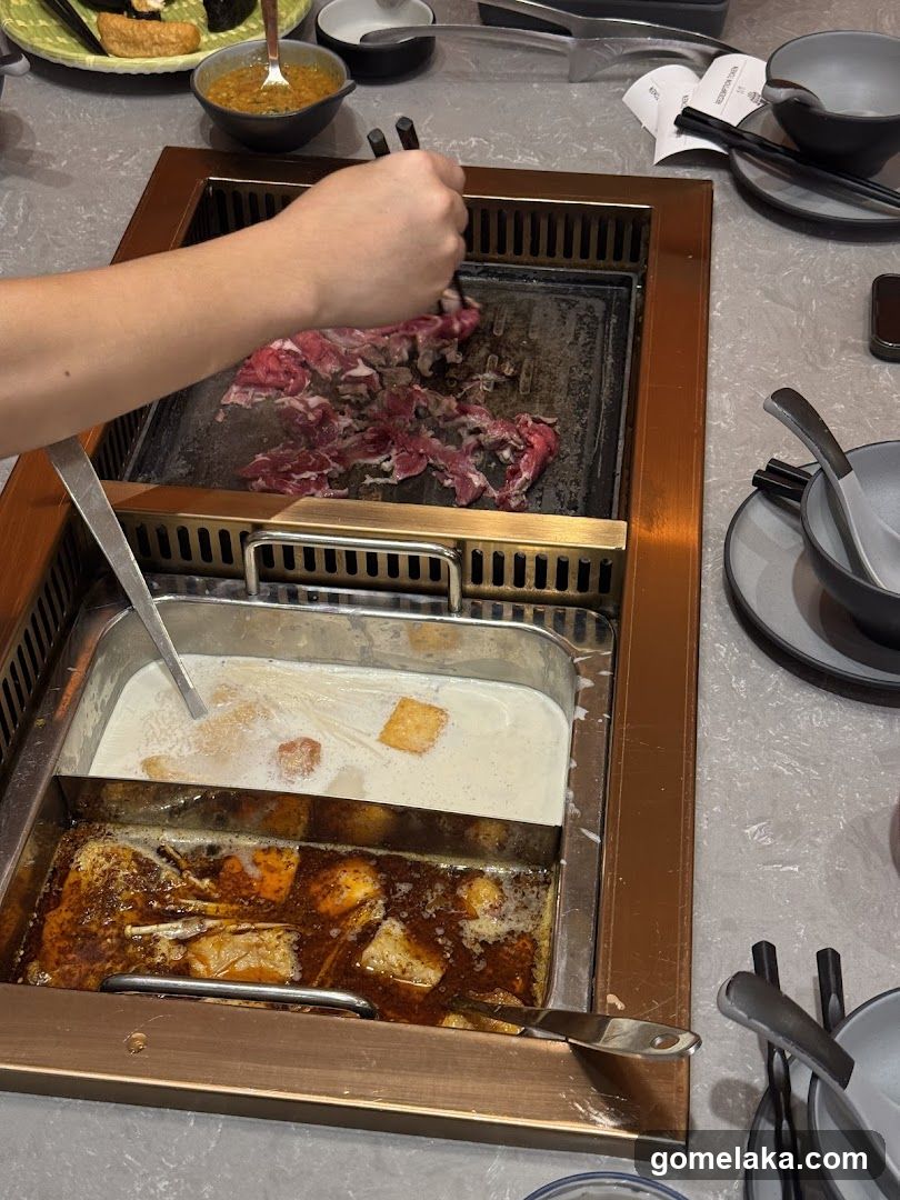 Grilled meat and hot pot setup