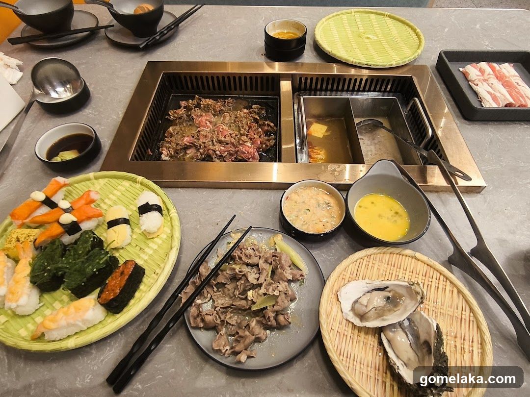 Table with hot pot and grill setup
