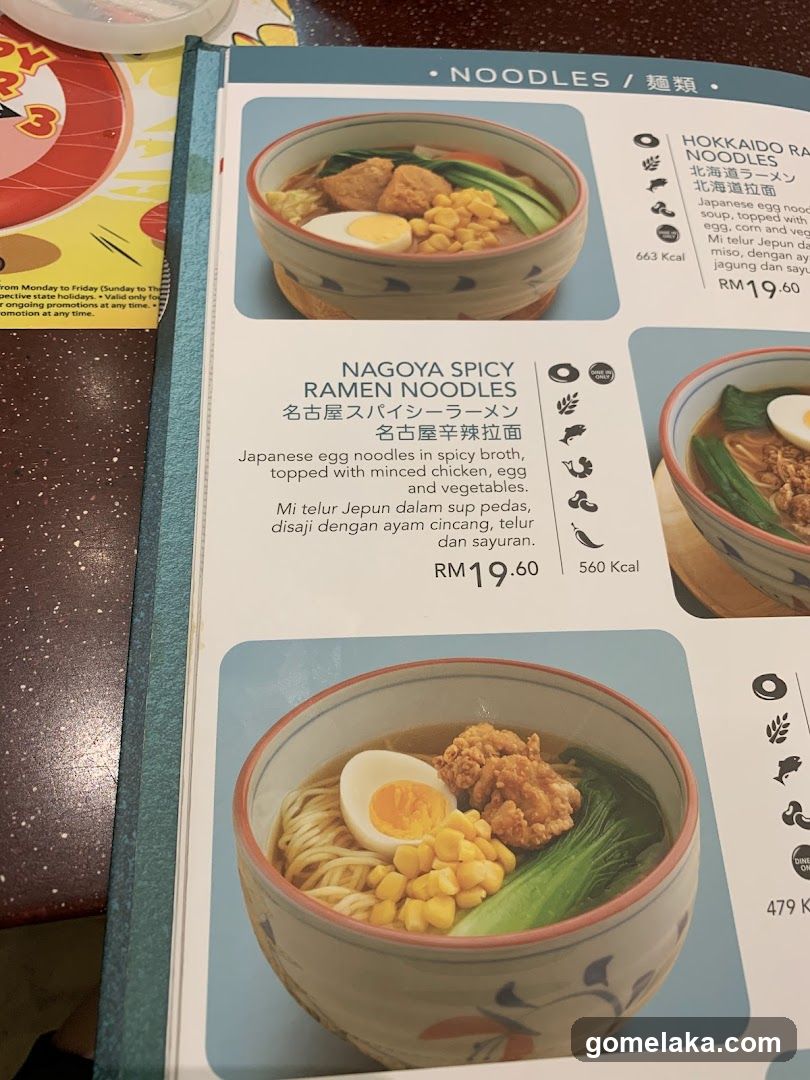 Noodles Section of Menu