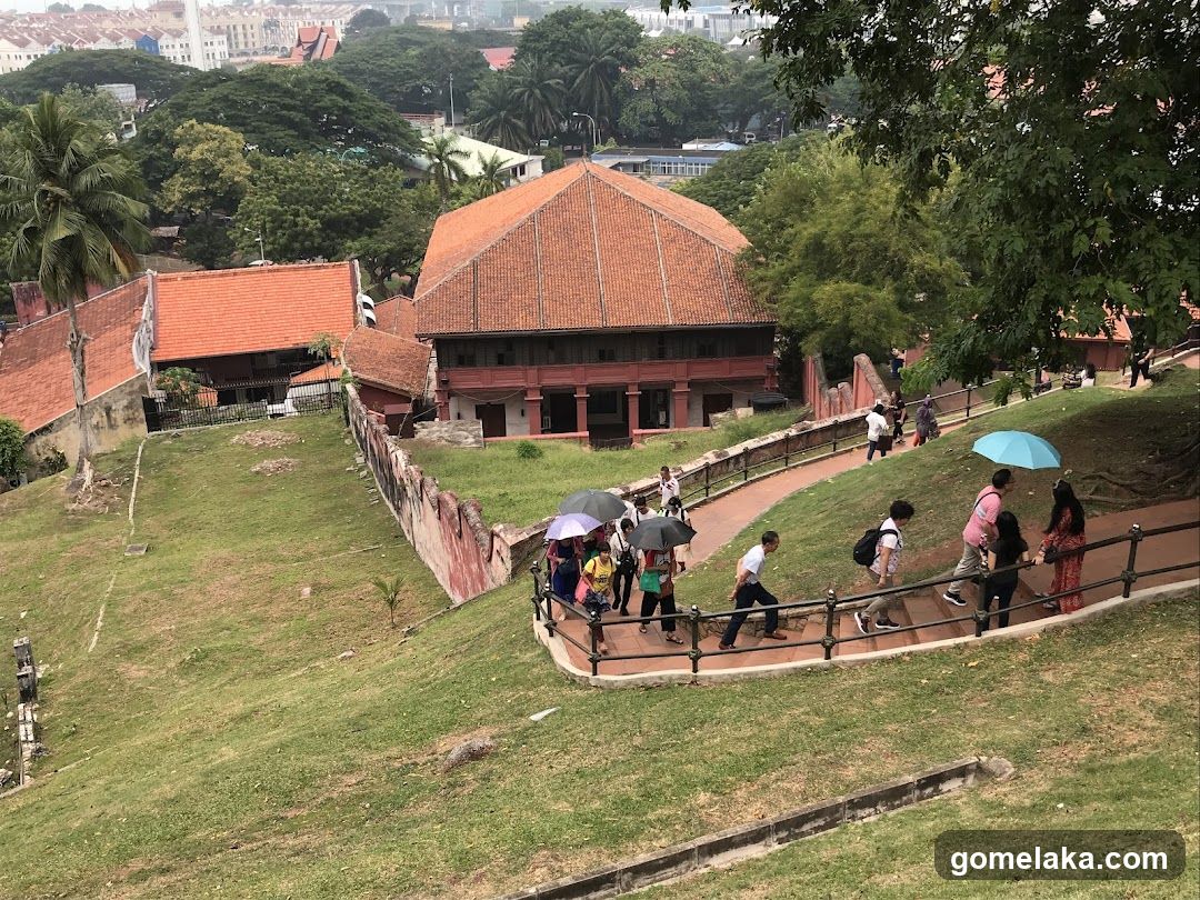 Tourists on a pathway near historic buildings