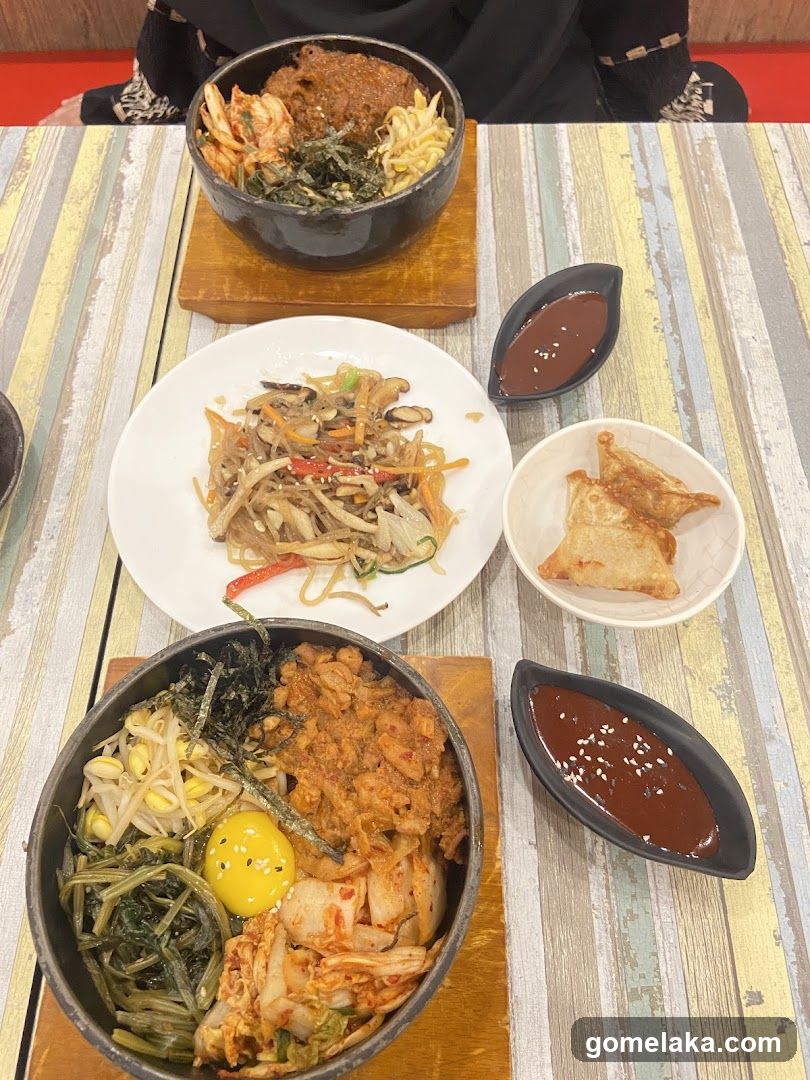 Korean meal spread on wooden table