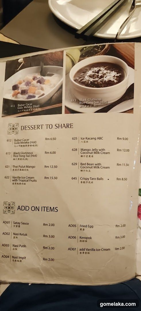Dessert to Share and Add-On Items Menu