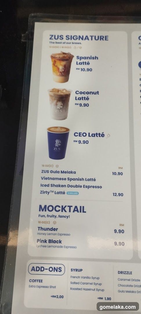 ZUS Signature and Mocktail Menu