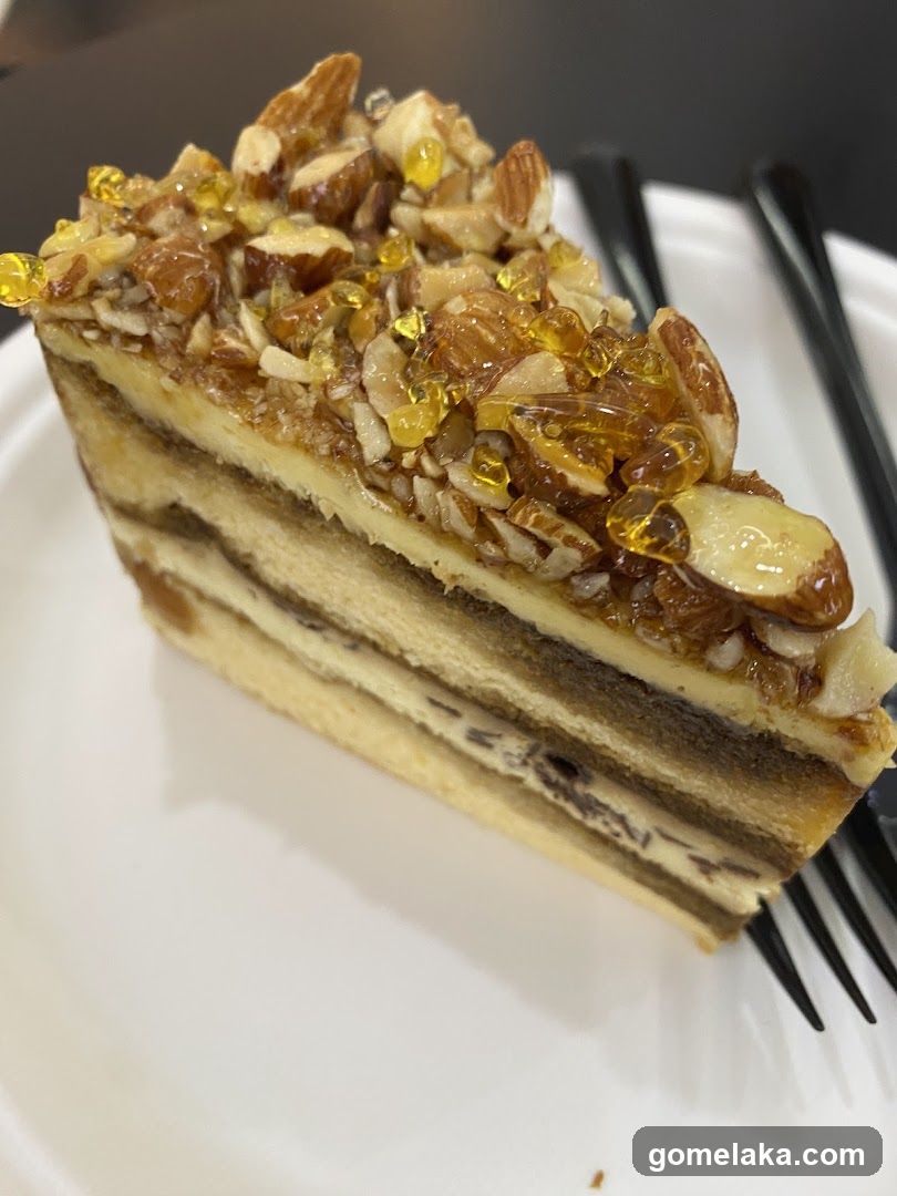 Slice of layered cake with nut and caramel topping
