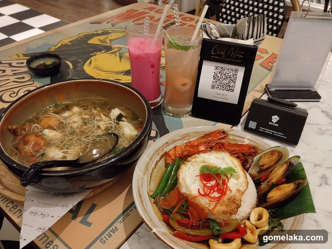 Restaurant Interior with Food and Drinks