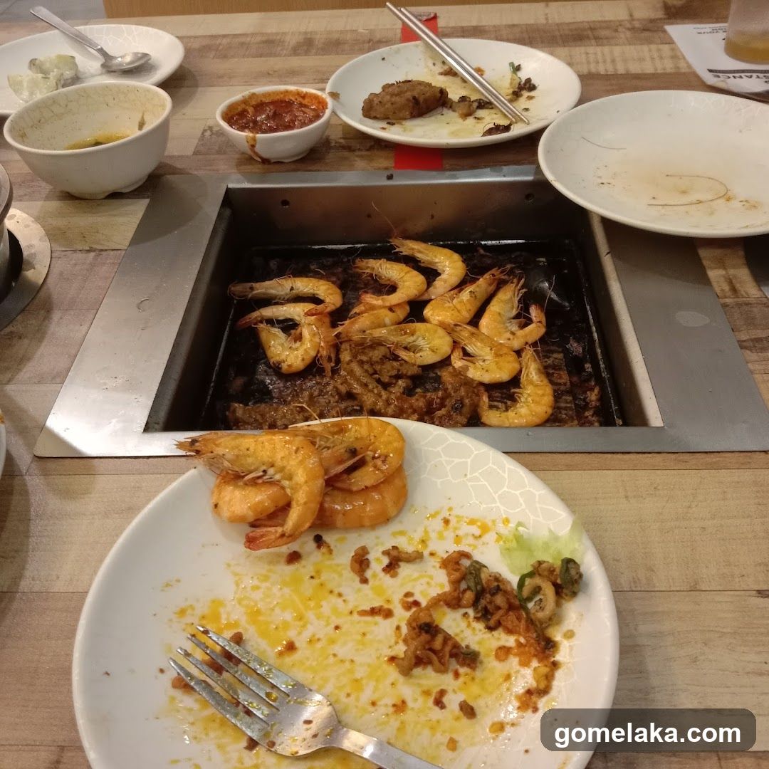 Restaurant Interior with Grilled Shrimp and Bowls