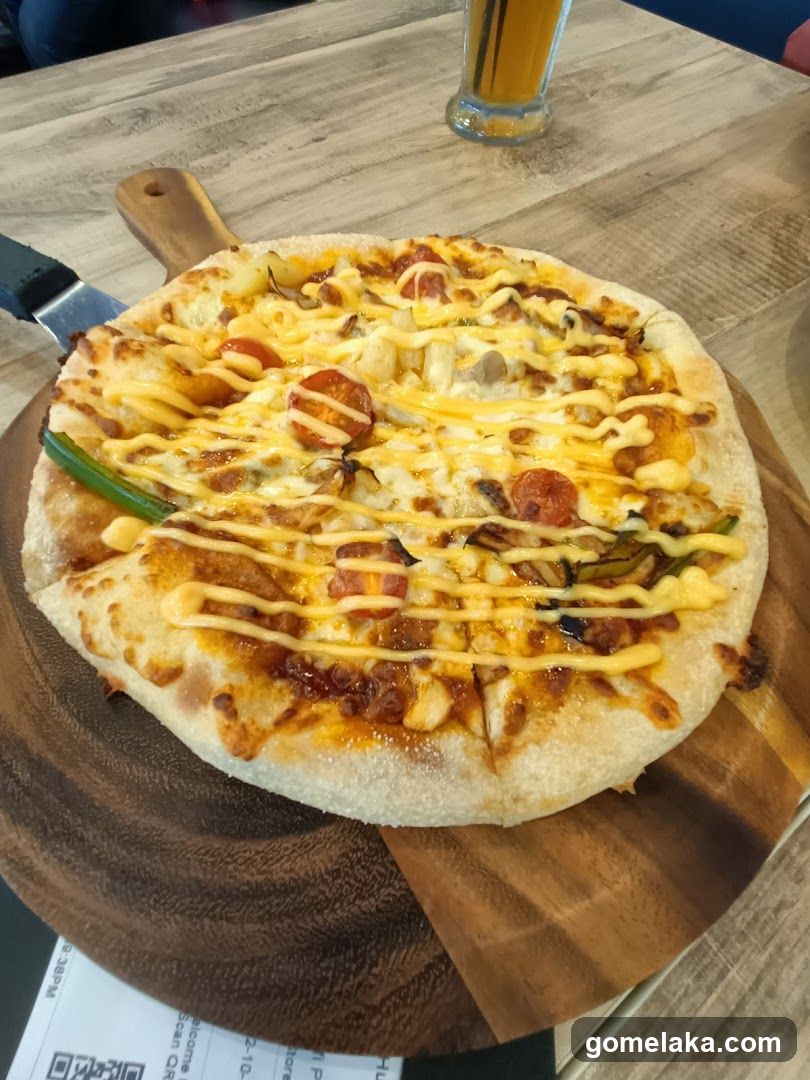 Pizza on wooden serving board
