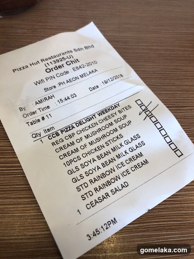 Pizza Hut Order Chit