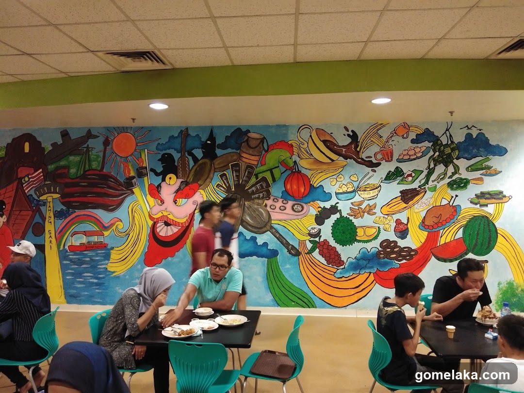 Interior dining area with mural