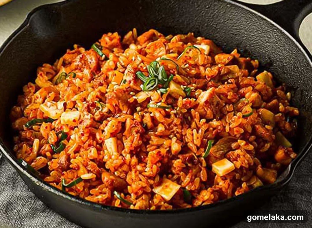 Korean-style fried rice in cast iron skillet