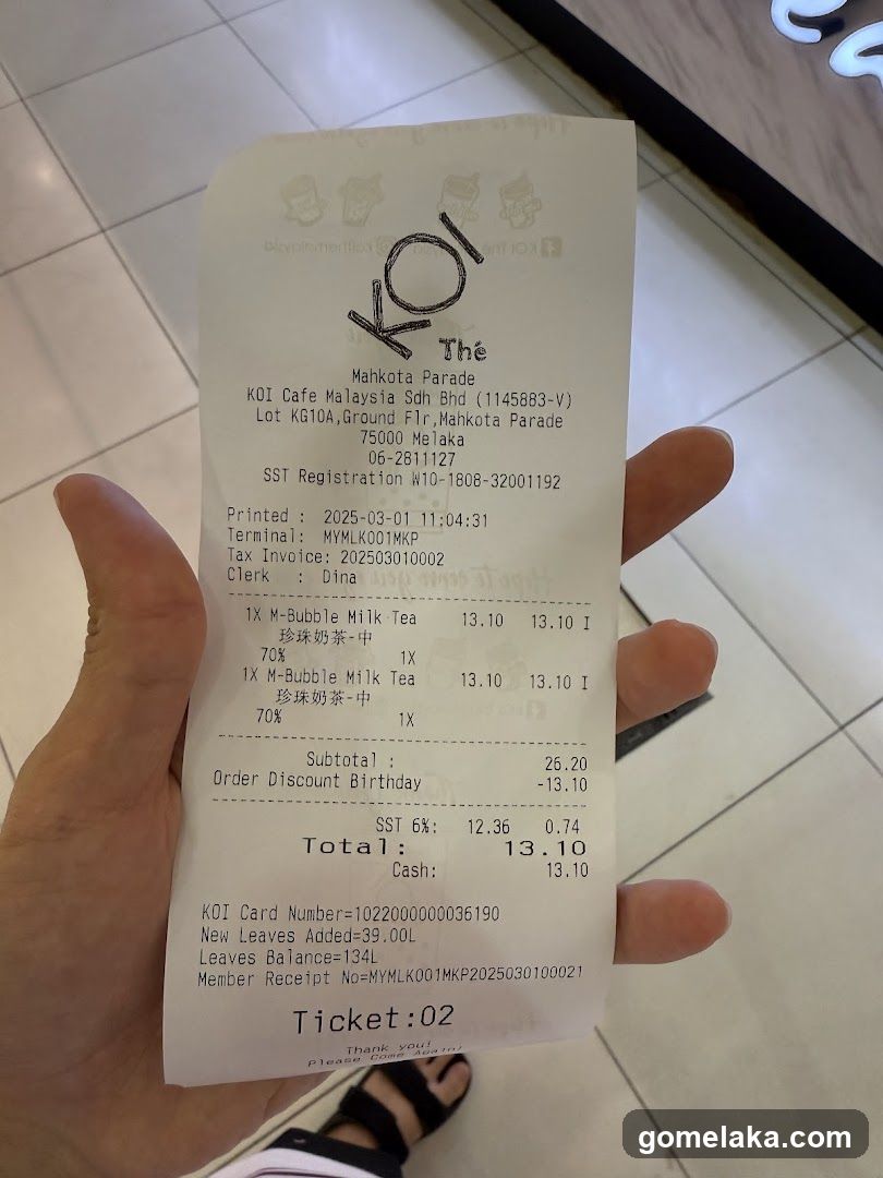 Receipt from KOI Café Malaysia Sdn Bhd