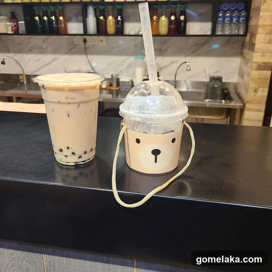 Boba tea drinks on counter