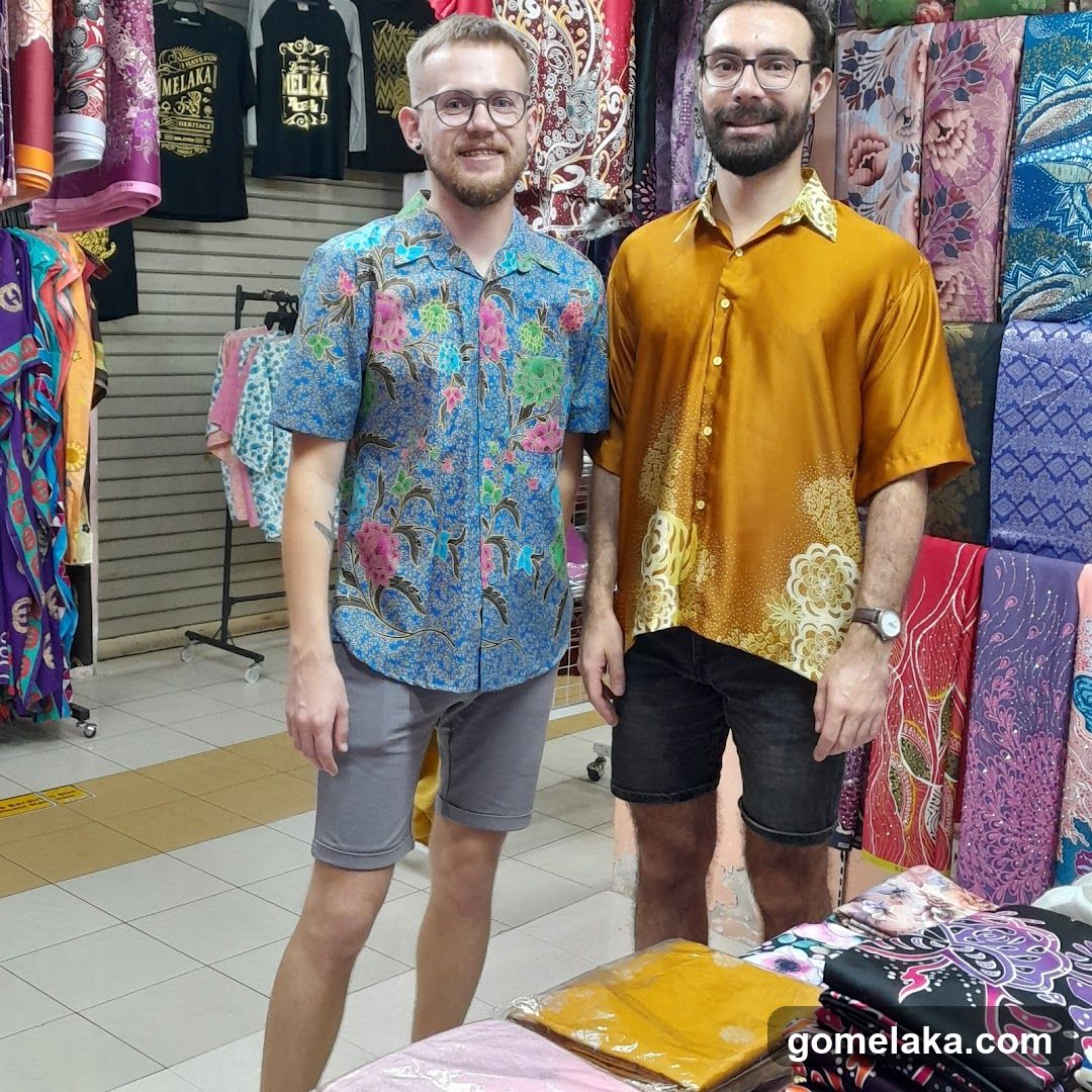 Two men in a textile shop