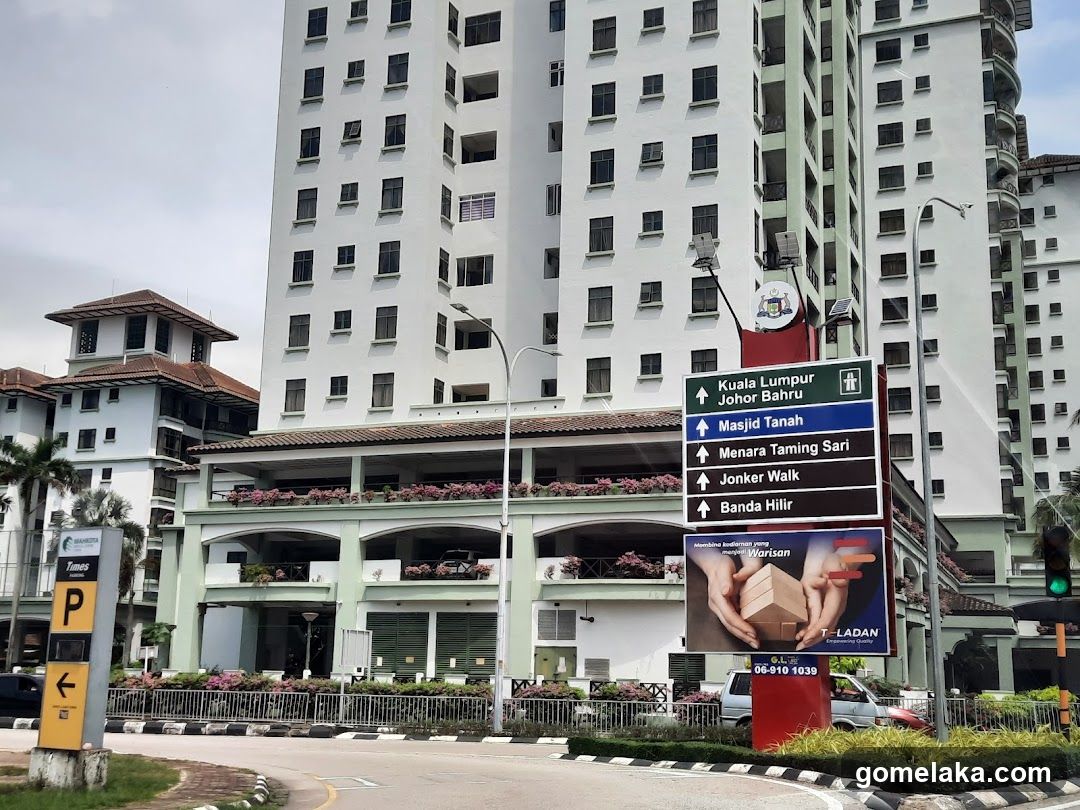 Building with directional signs and advertisement