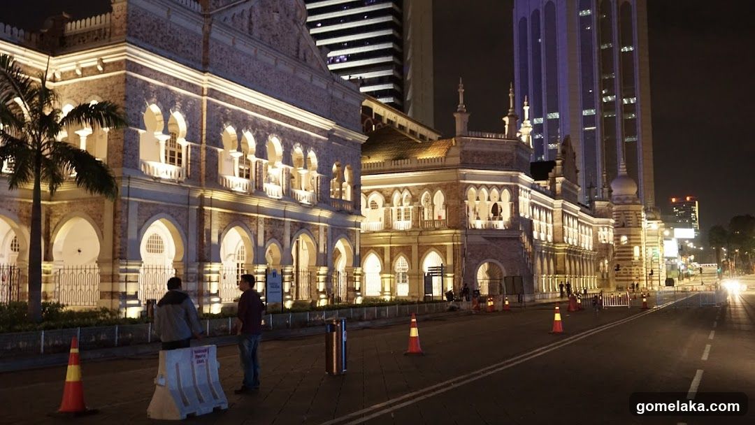 Nighttime architectural view of historic buildings