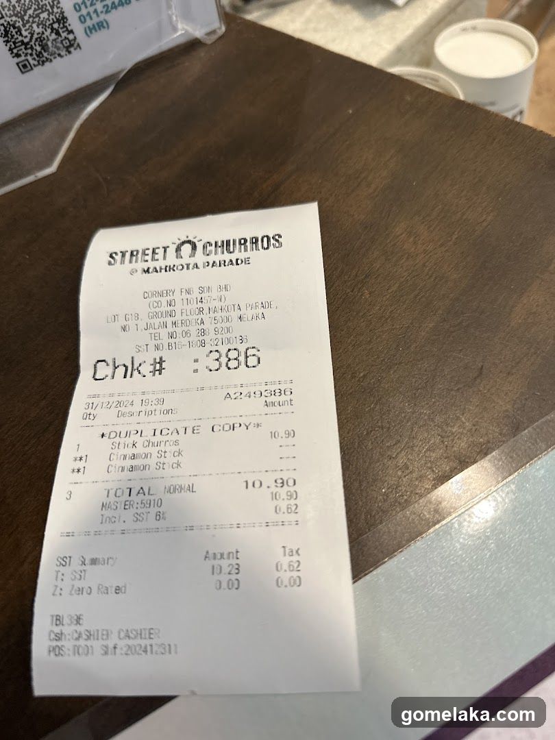 Receipt from Street Churros