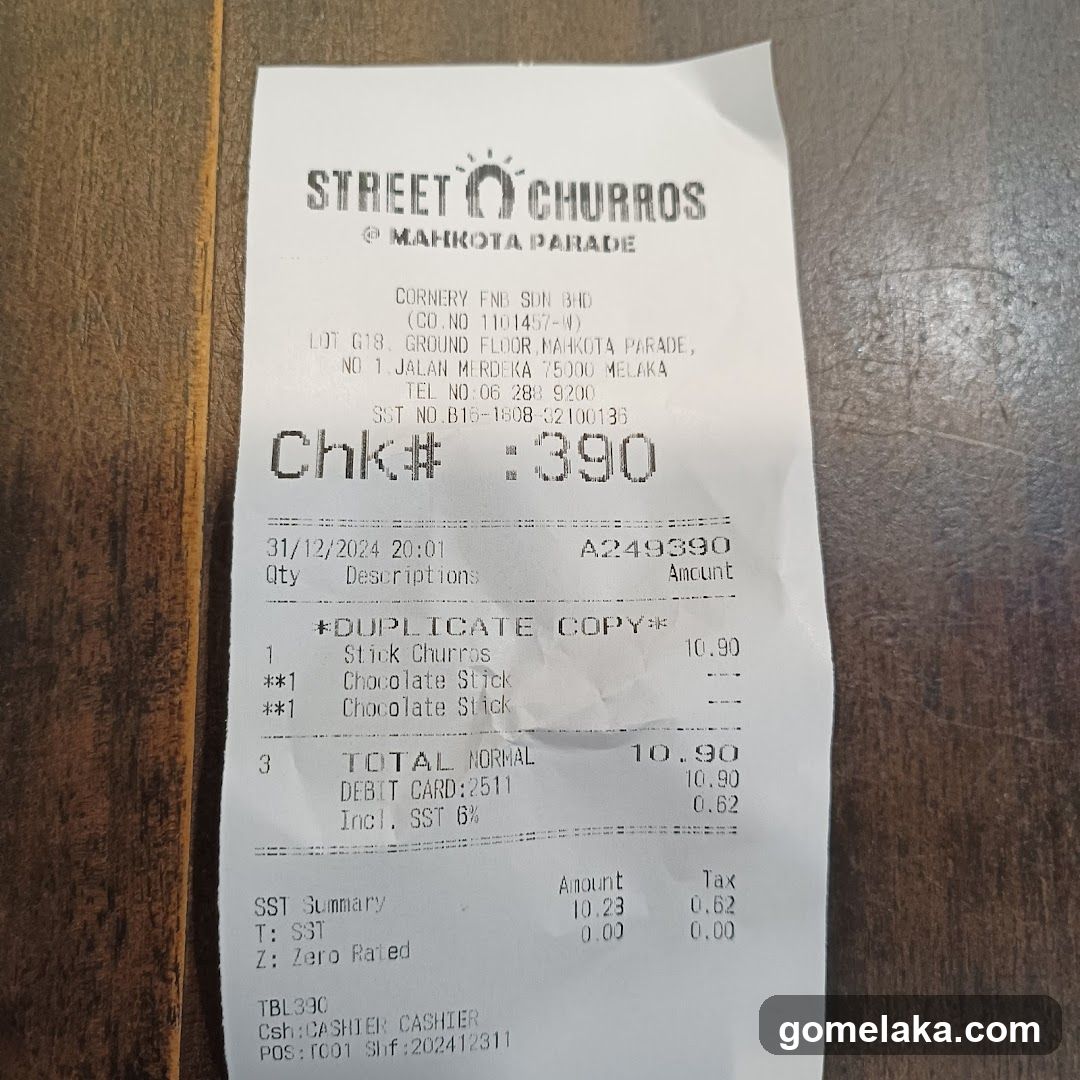 Receipt from Street Churros