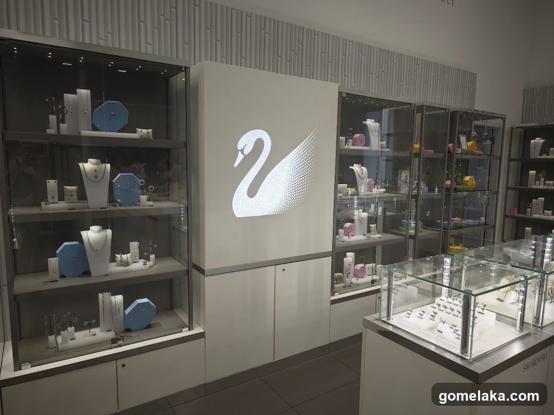 Swan-themed jewelry store interior