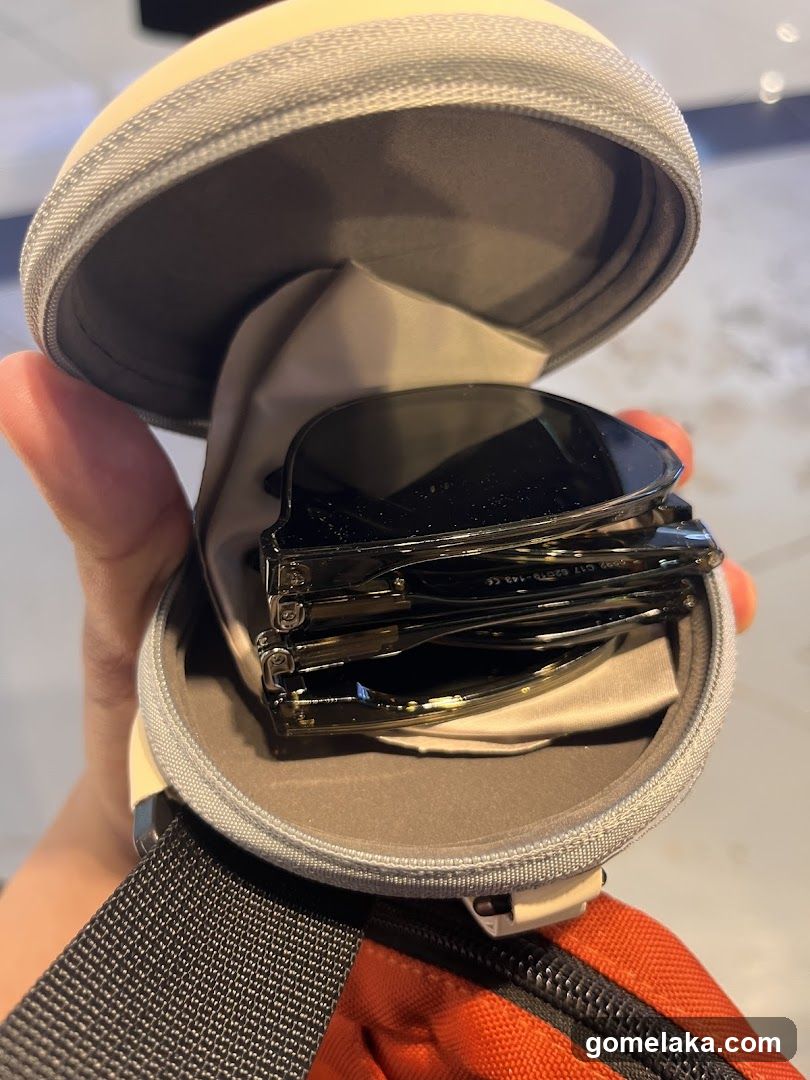 Hand holding sunglasses in case