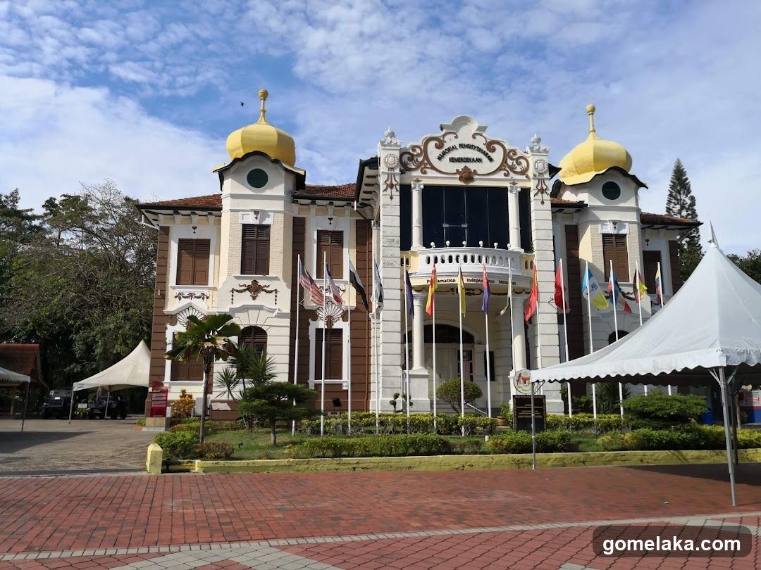 Building Exterior with Flags and Tent