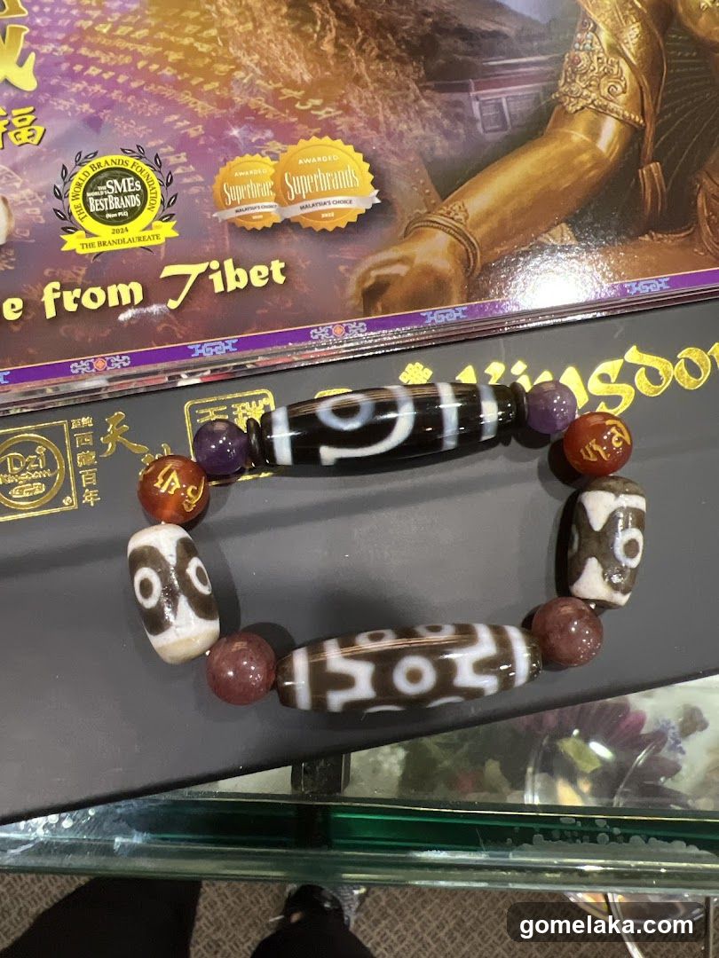 Tibetan-style bead bracelet on display