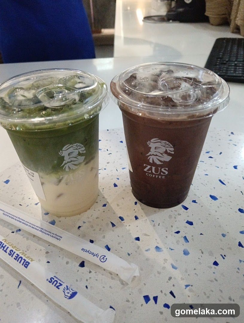 Two beverages on a speckled table