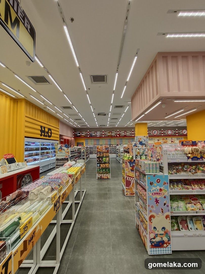 Inside a brightly lit supermarket aisle