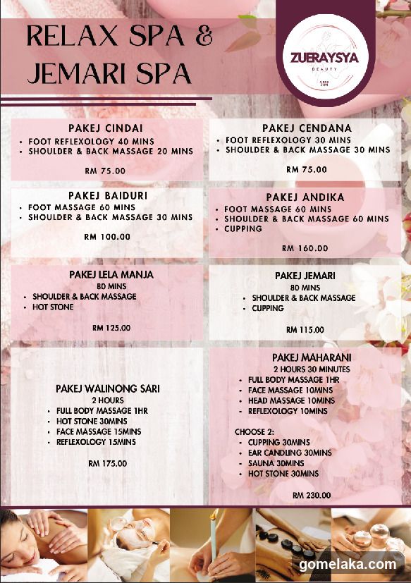 Spa menu with packages in Malay, including foot reflexology, shoulder/back massage, hot stone, cupping, and full body treatments.