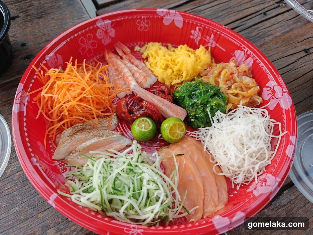 Red bowl with assorted ingredients