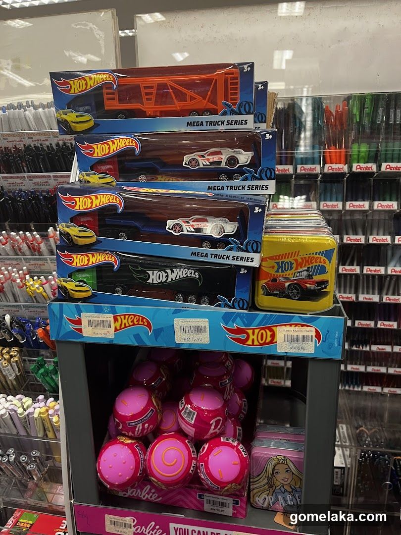 Hot Wheels and Barbie merchandise display