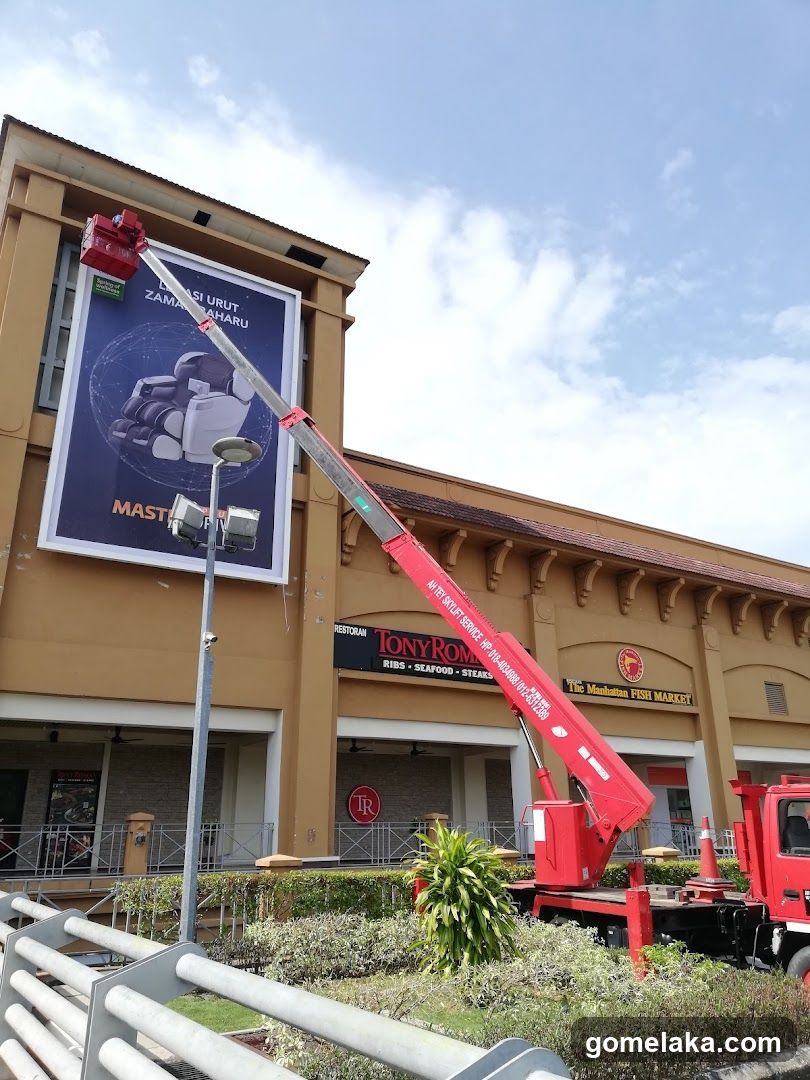 Building exterior with advertising crane