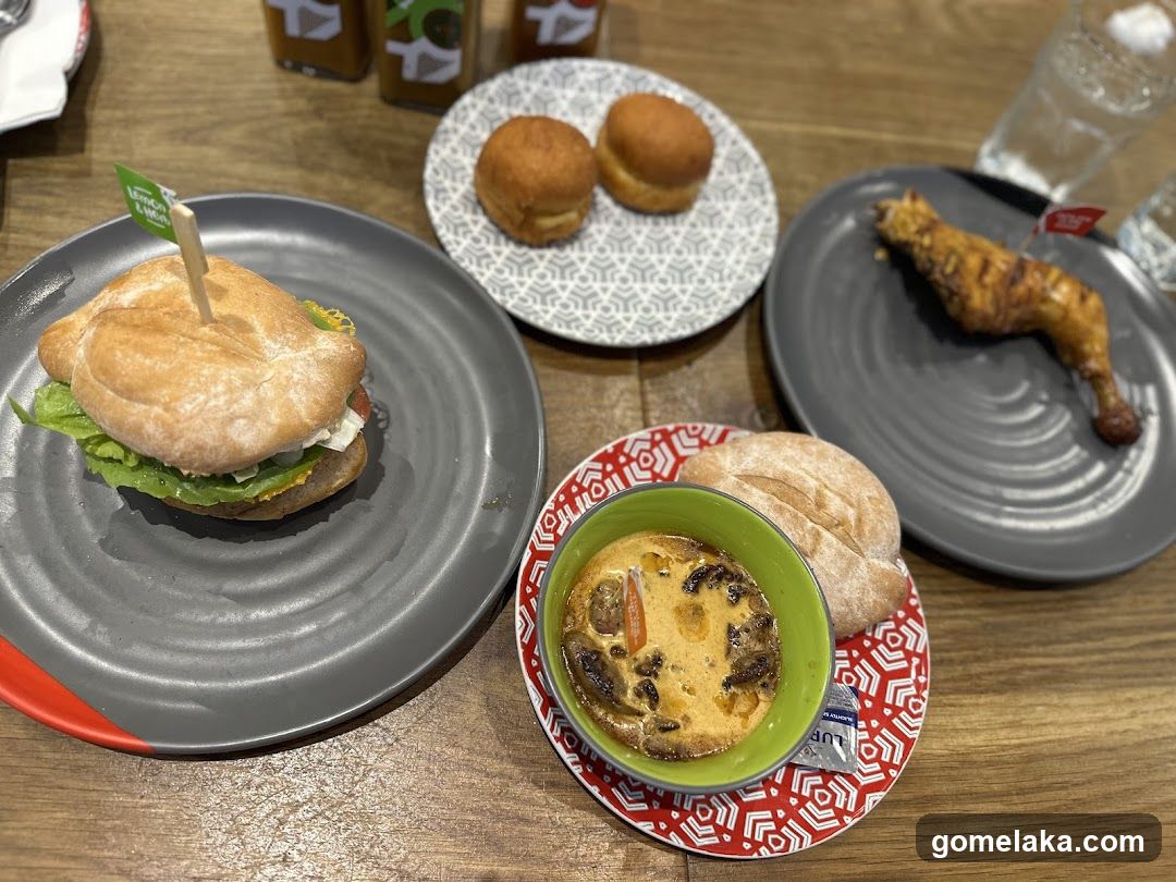 Food and drink on wooden table