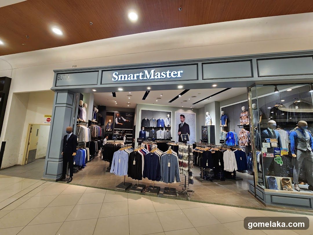Storefront with 'SmartMaster' signage above entrance, displaying men's clothing including suits and shirts on racks and mannequins. Glass display cases show additional merchandise.