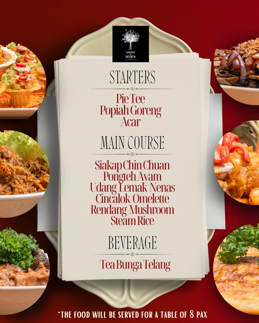 Peranakan menu for A Chef's Confession dinner, including pie tee, pongteh chicken and siakap chin chuan at The Garden@Heeren Melaka