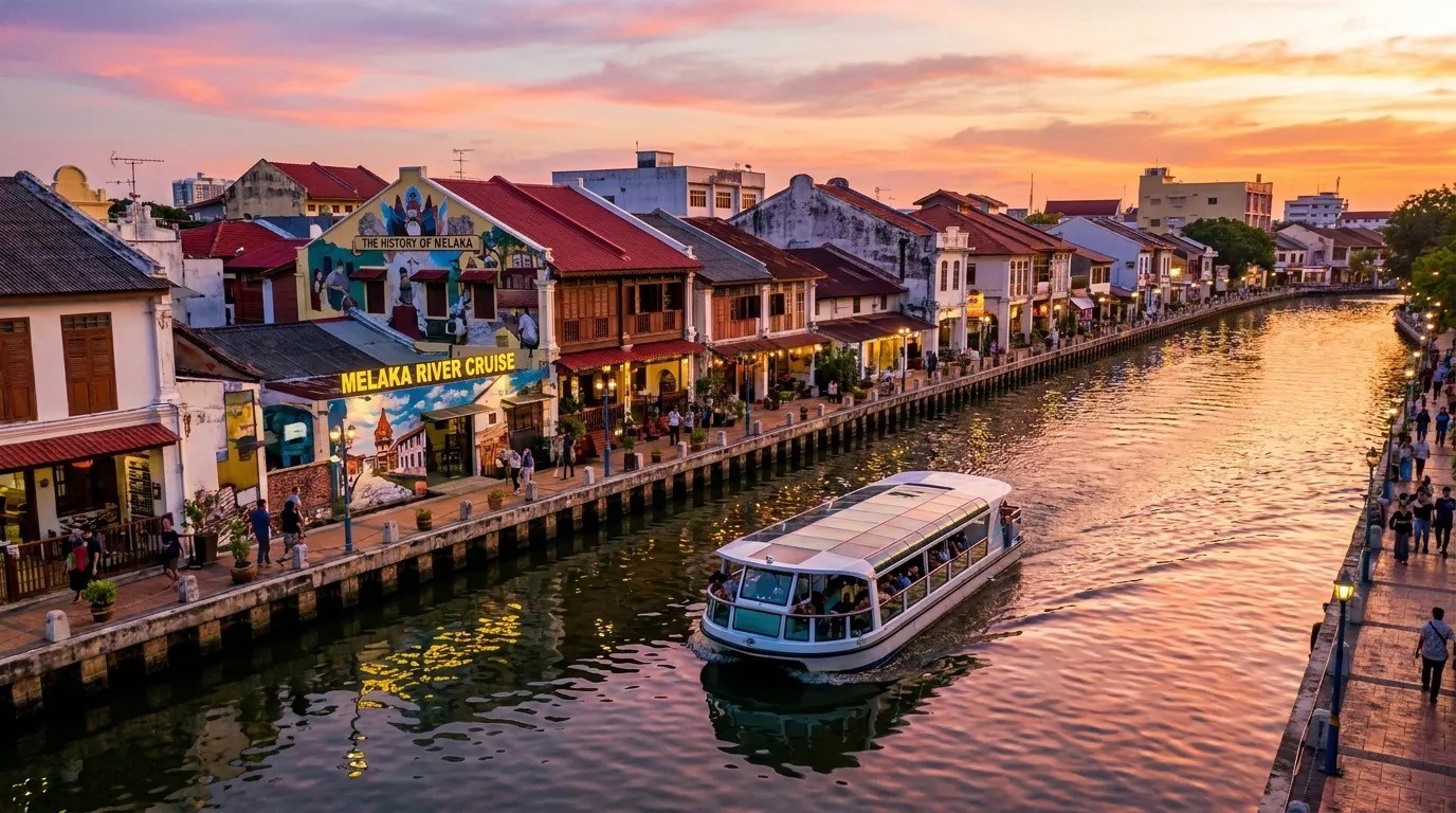 Melaka River Cruise boat on Sungai Melaka at sunset