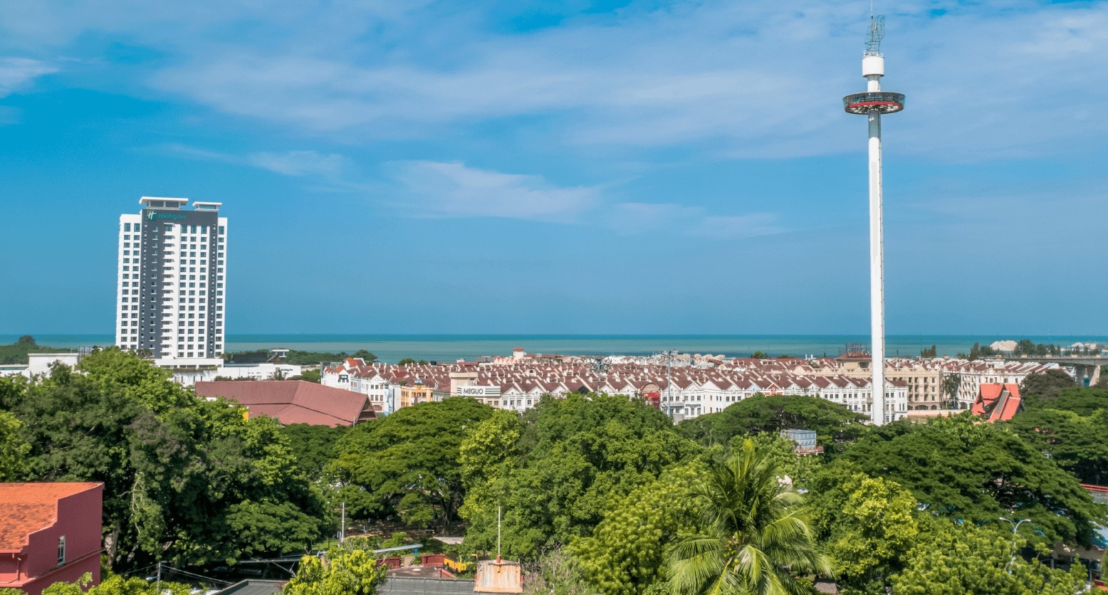 Bandar Hilir rooftops and Menara Taming Sari seen from the south, Melaka