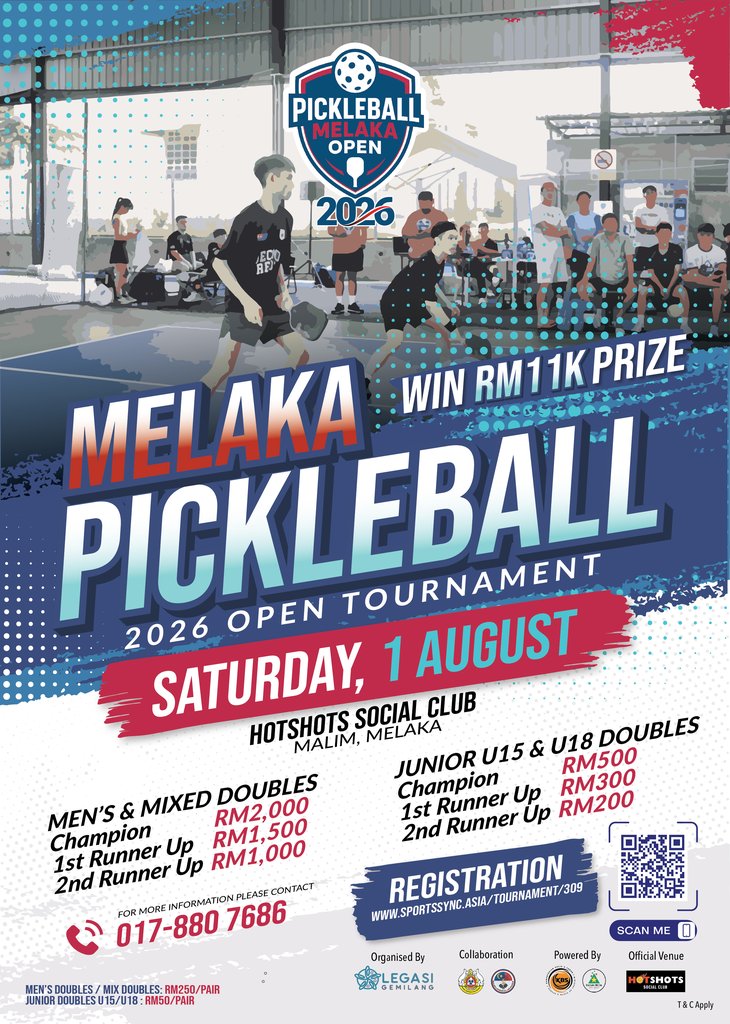 Official poster for Pickleball Melaka Open 2026 with prize pool and category details