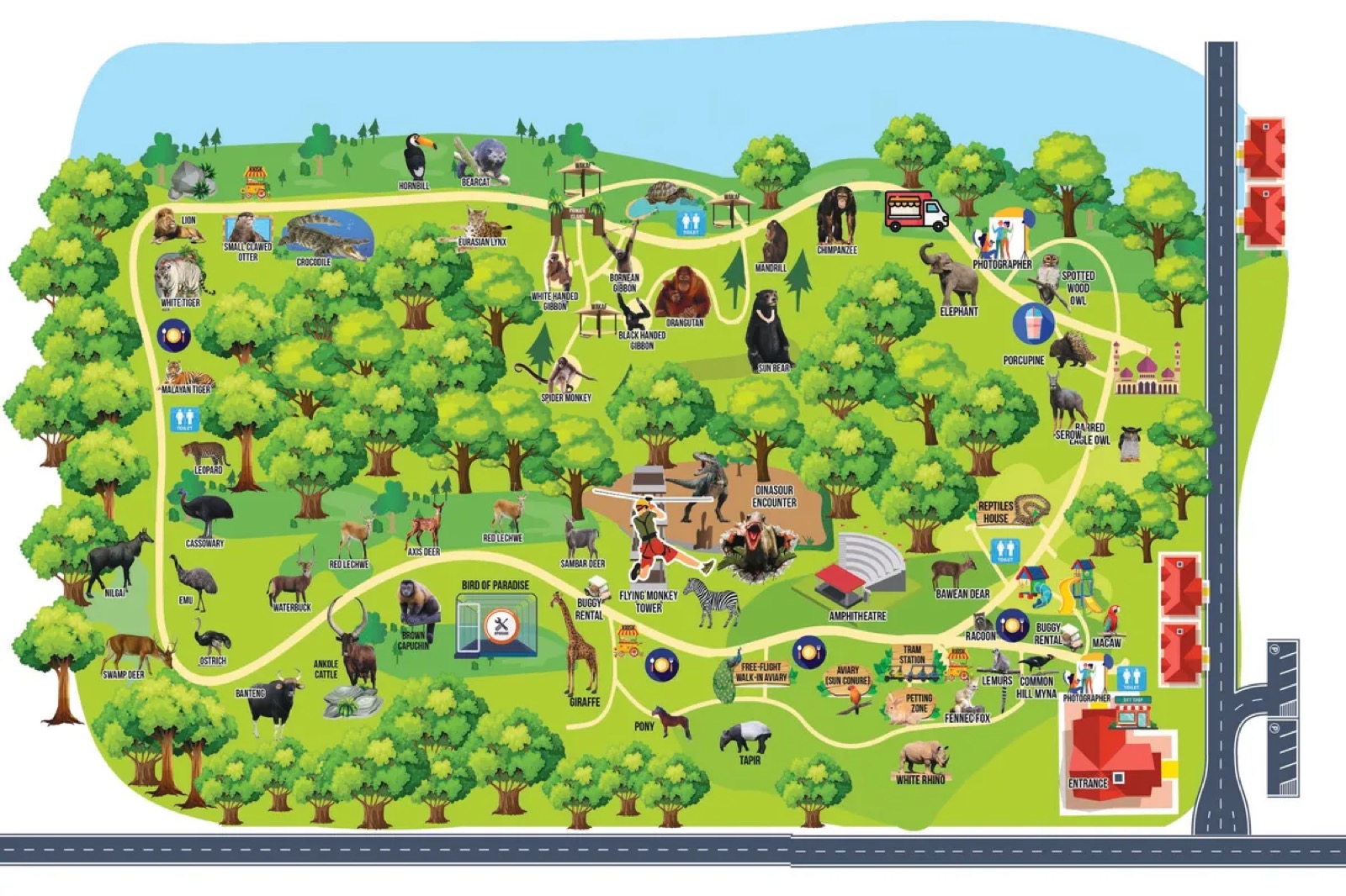 Visitor map of Zoo Melaka showing big cats, elephants and the night safari loop in Ayer Keroh